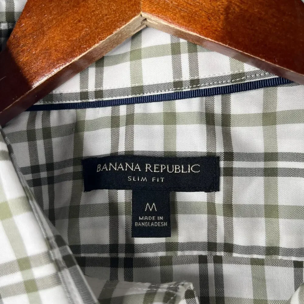 Banana Republic Slim Fit Shirt White Green Plaid Casual Button Up Long Sleeve M